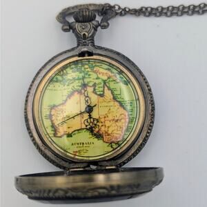 Vintage Style Australia Map Pocket Watch Necklace – Steampunk Bronze Watch